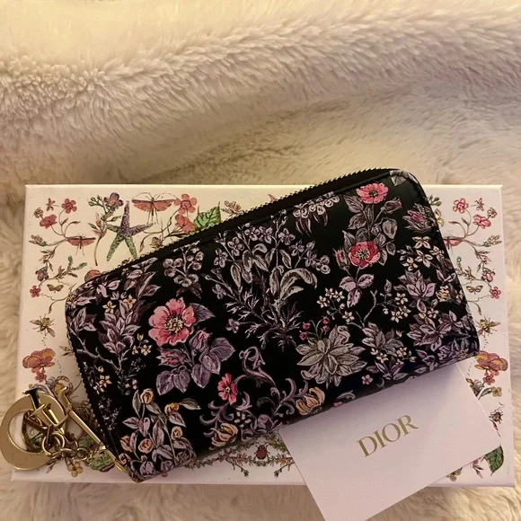 CHRISTIAN DIOR BLACK CALFSKIN PRINTED MULTICOLOR MILLEFIORI MOTIF WALLET - Picture 10 of 11